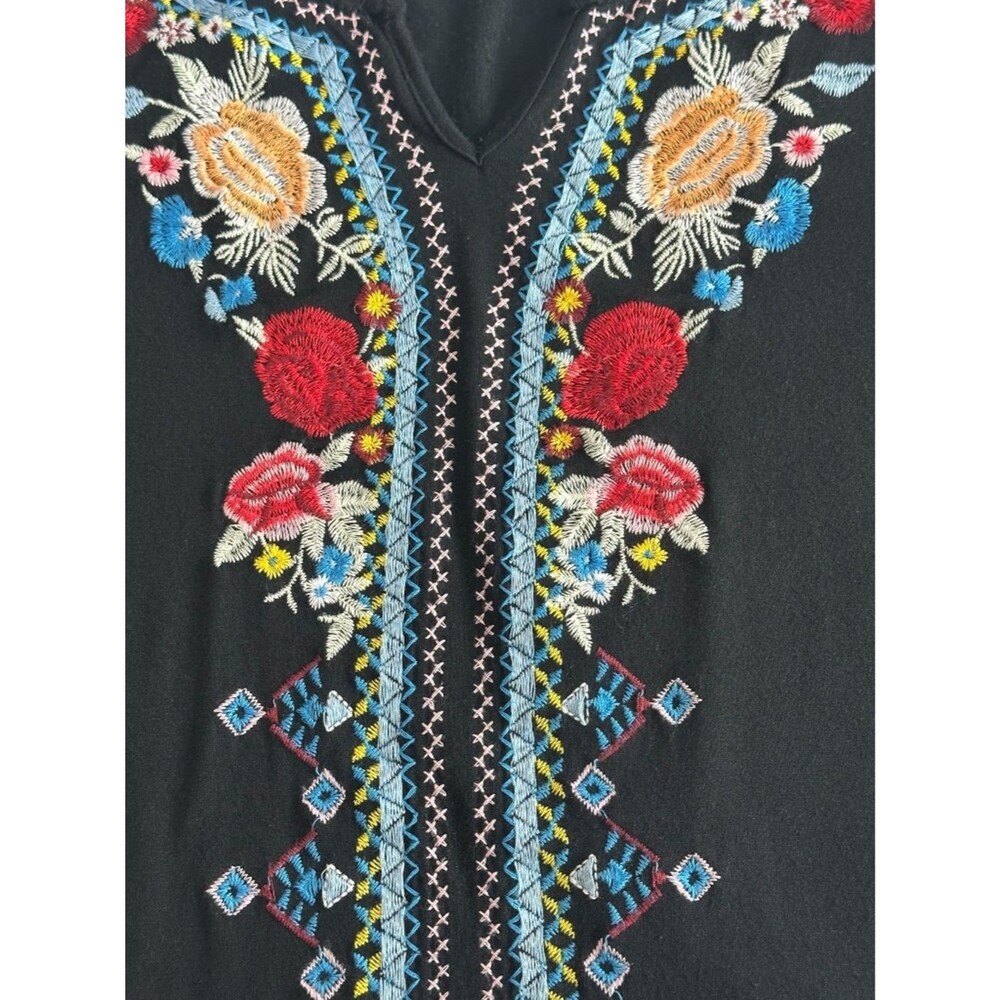 Embroidered Boho Top Black Floral Stitching Soft Stretch Blouse M - Picture 3 of 7